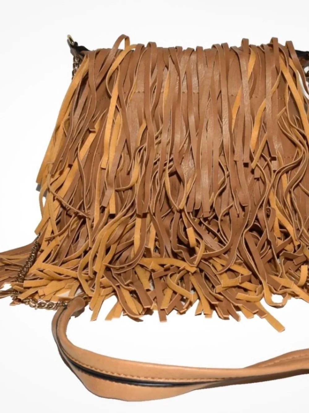 Yoki Faux Fringed Leather Crossbody Bag in Tan
